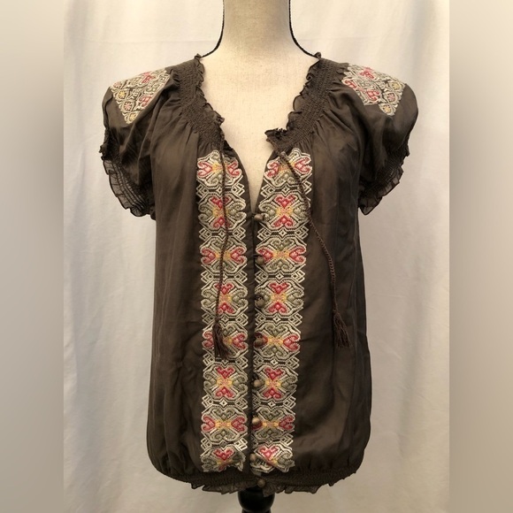 Joie Brown Embroidered Wooden Buttons Silk Blend Short Sleeve Blouse Top Small - Picture 2 of 16